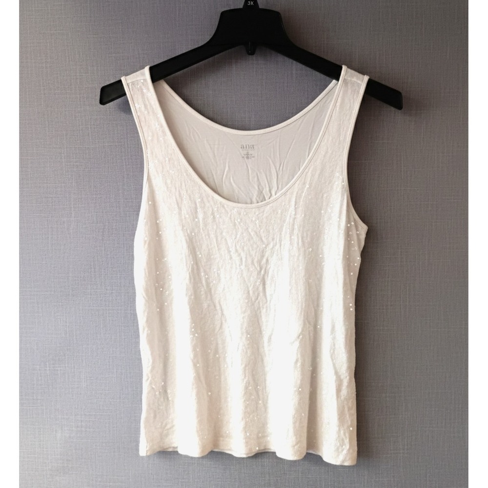 ana A New Approach Sequin Tank Top Scoop Neck Large White Shimmer Party‎ Glam